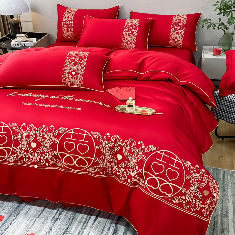 Picture of High-end European-style Wedding Four-piece Cotton Big Red Embroidered Sanding Quilt Cover Wedding Bedding Accompanying Wedding Room