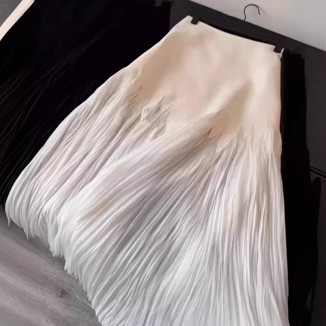 Petal Pleated High Waist Skirt Summer Elegant Lace Heavy Industry Pleated Draped Sense Large Skirt Gentle Long Skirt for Women