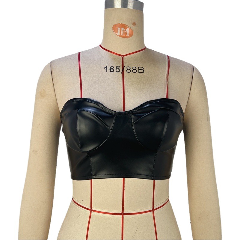 Manufacturer Direct Approval of New Cross-Border Foreign Trade Solid Color Shiny Leather Wrap Chest Short Crop Top European and American Women's Fashion Tank Top