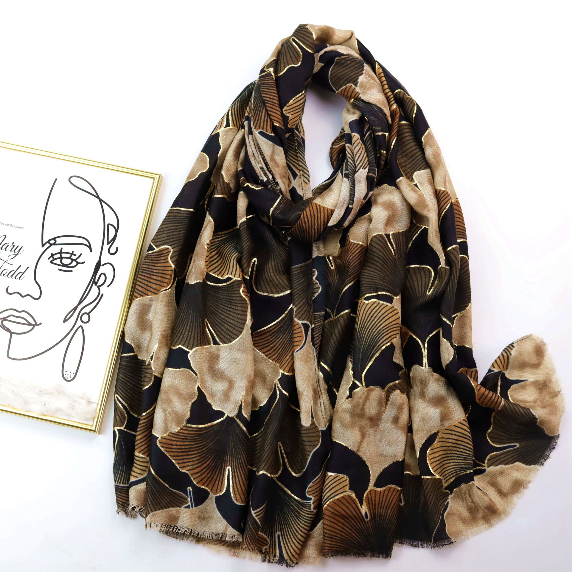 Picture of Factory Sold Cross-border Foreign Trade Bronzing Color Ginkgo Printed Long Scarf Satin Cotton Women's Autumn and Winter Scarf Warm Sunscreen Shawl
