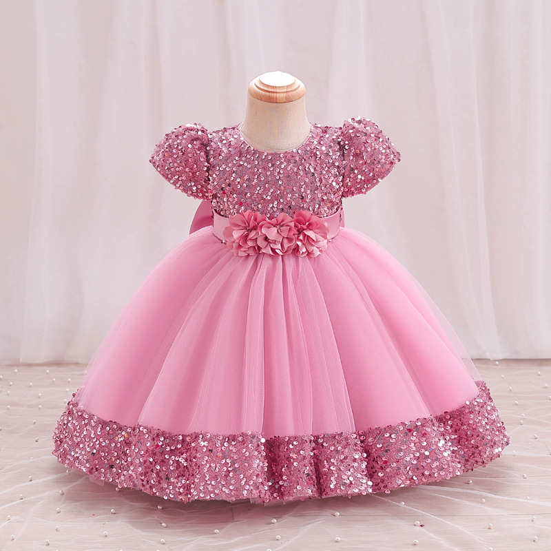 Girls dress dress princess children's dress 2024 new short sleeve sequins puffy skirt children's dress cross-border wholesale