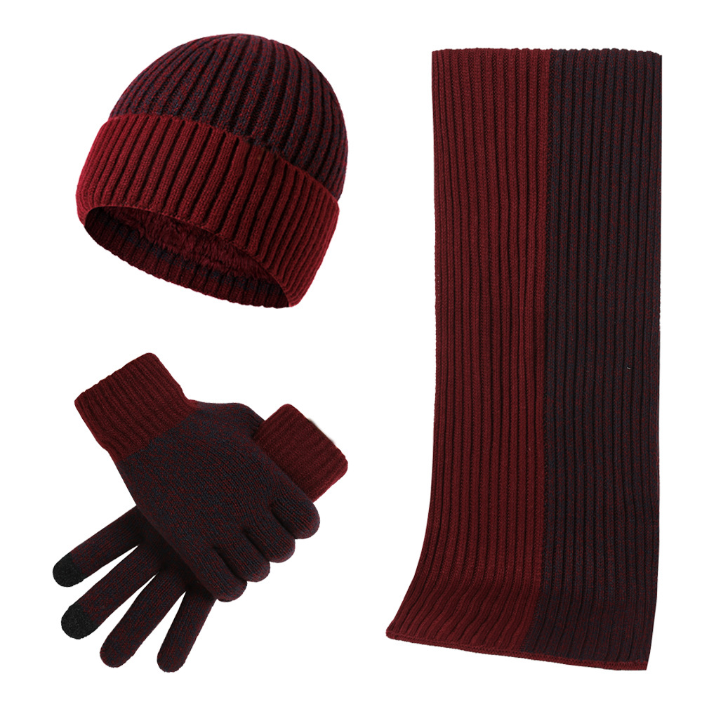 Picture of Amazon autumn and winter New European and American wool hat suit color matching knitted hat thickened scarf gloves three-piece set