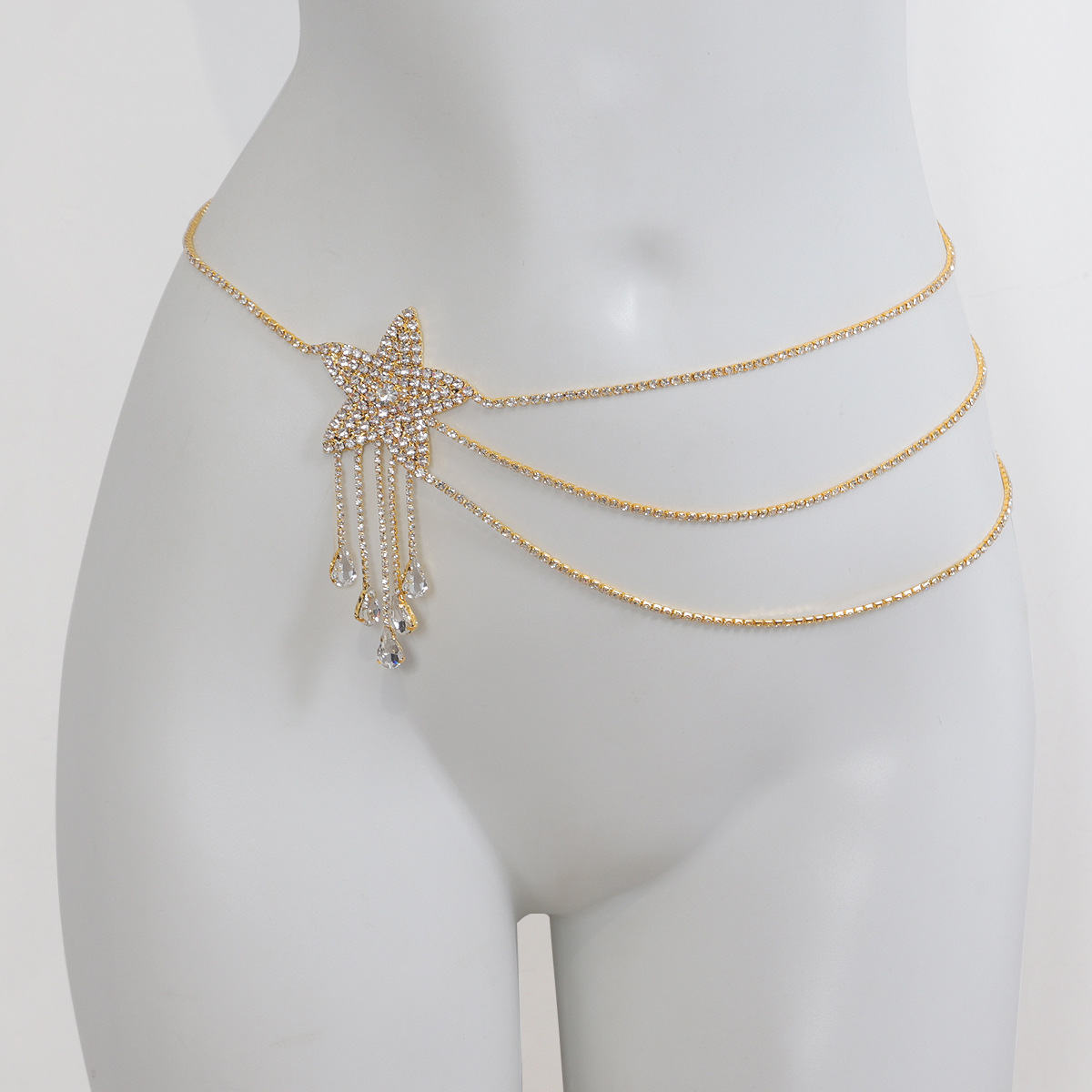Picture of Fashion Full Diamond Tassel Waist Chain Women's Rhinestone Five-pointed Star Stacked Body Chain Waist Decoration Elegant All-match Dress Waist Decoration Chain