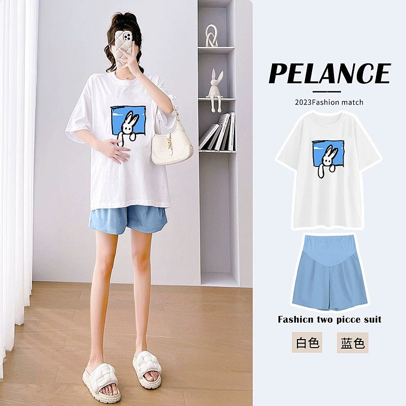 Maternity Suit Summer Fashion Short-Sleeved Maternity Top Loose Slimming Look T-Shirt Summer Maternity Shorts Two-Piece Set Trendy