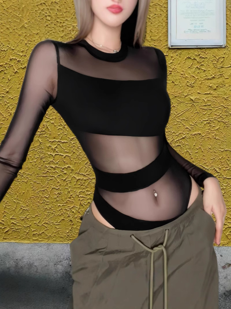 Picture of Europe and the United States black perspective hot girl schemic jumpsuit 2024 autumn new design feeling hollow slim top
