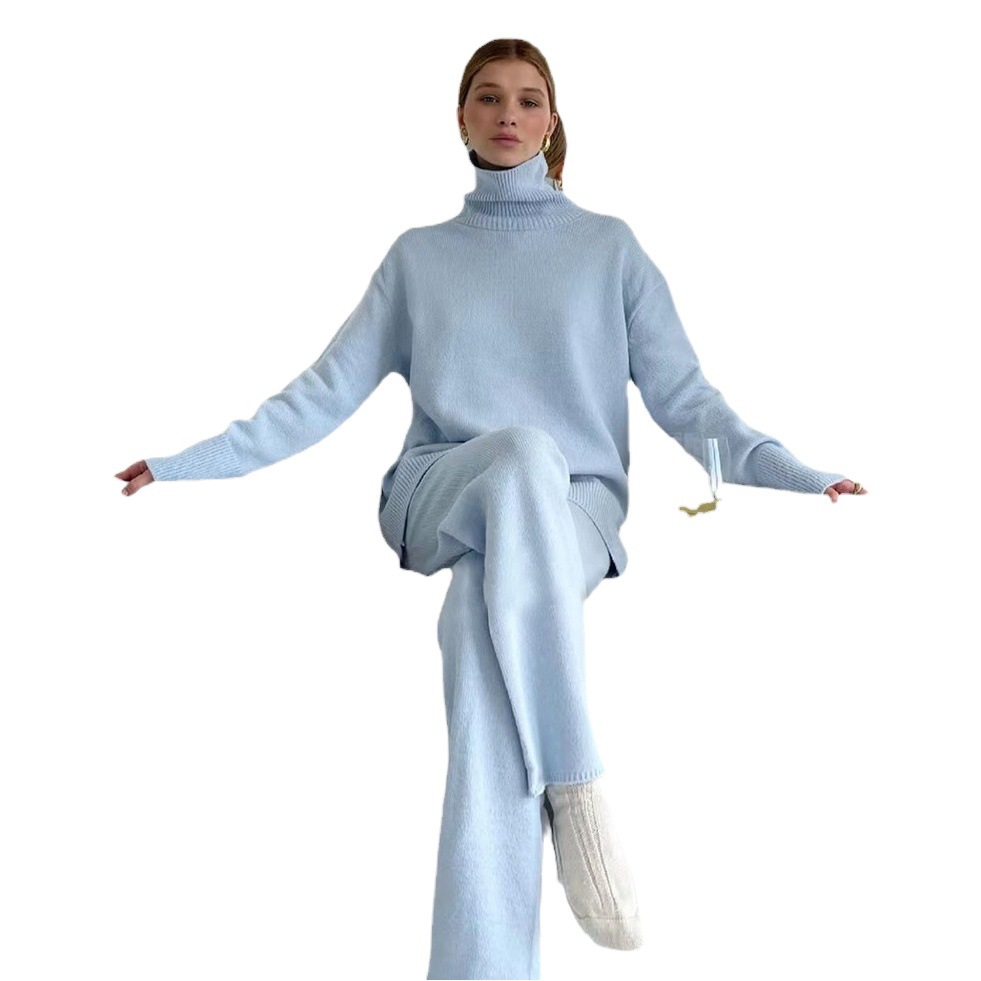 2022 European and American Cross-border Turtleneck Sweater Set Women's Loose Women's Knitwear Set Women's Casual Solid Color Wide-leg Pants