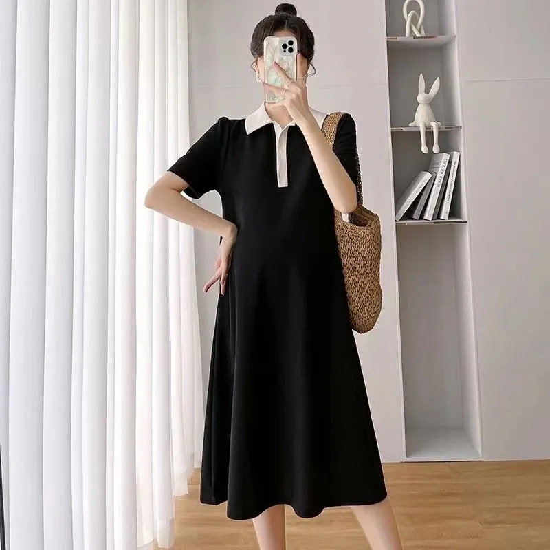 Picture of Maternity Dress for Spring and Summer, Trendy Internet Celebrity Style, Fashionable Long Dress for Pregnant Mothers, Stylish Polo Collar T-Shirt Dress