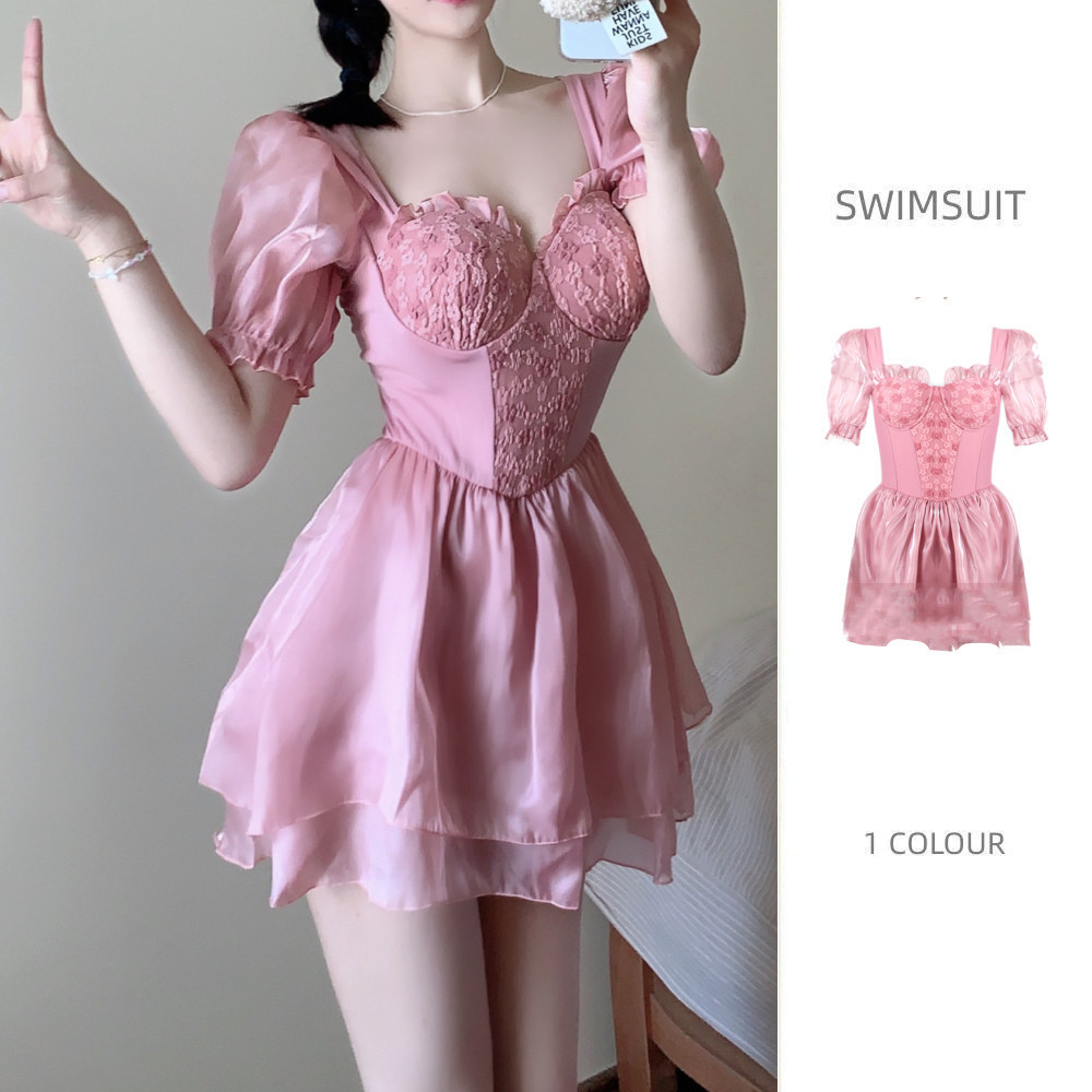 2023 Pink Lace Steel Bracket Push-up Slim Look Conservative High Waist Belly Covering Skirt One-piece Swimsuit Women's Hot Spring Vacation