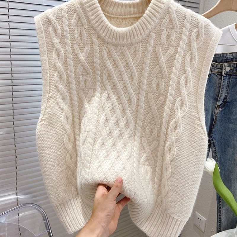Spring Retro Twist Sleeveless Sweater Women's Autumn and Winter Korean Style Thickened Loose Knitted Vest with Round Neck