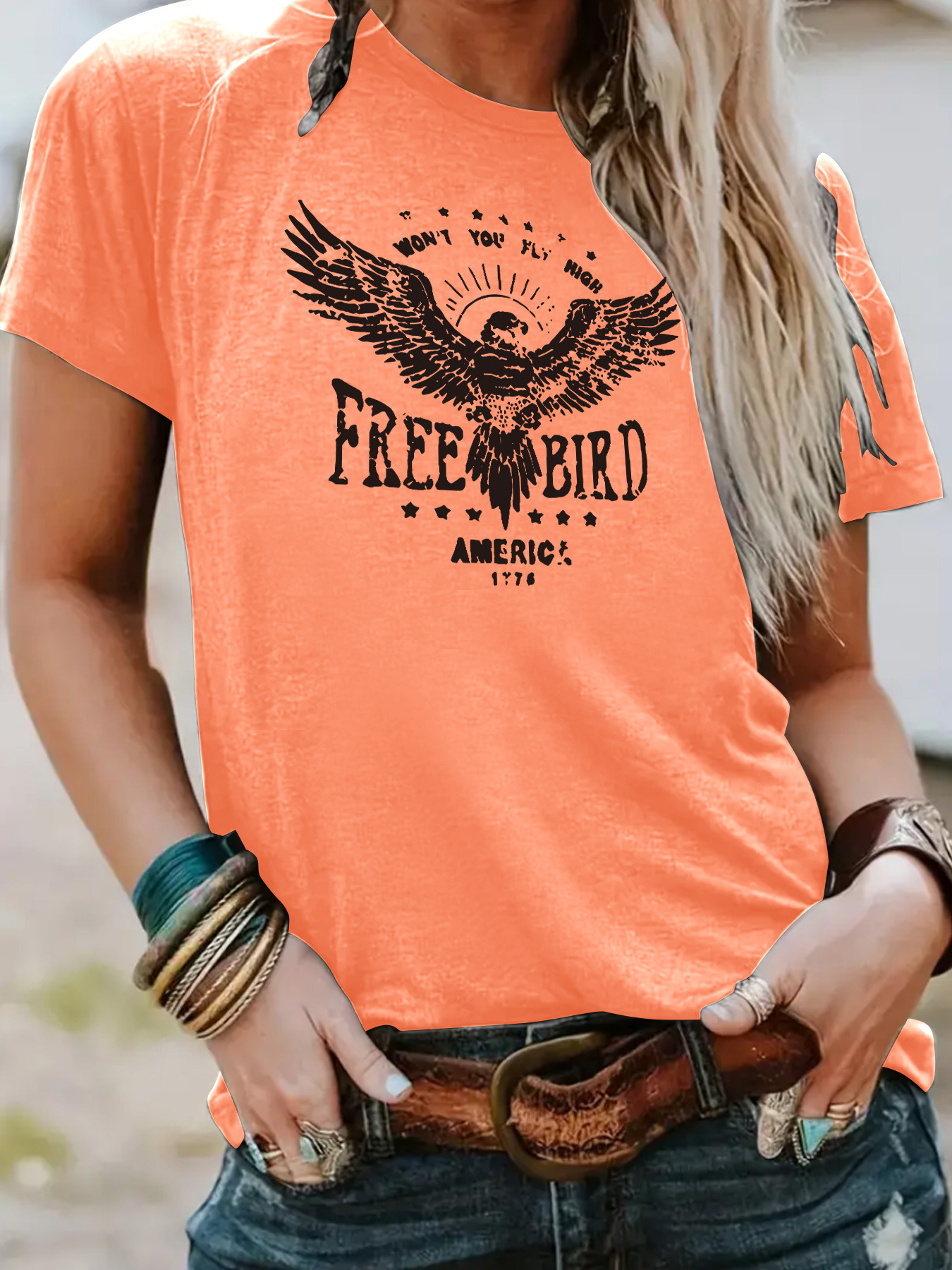 Picture of European and American independent station cross-border temperament T-shirt female in stock FREE BIRD eagle printing summer new short sleeve wholesale