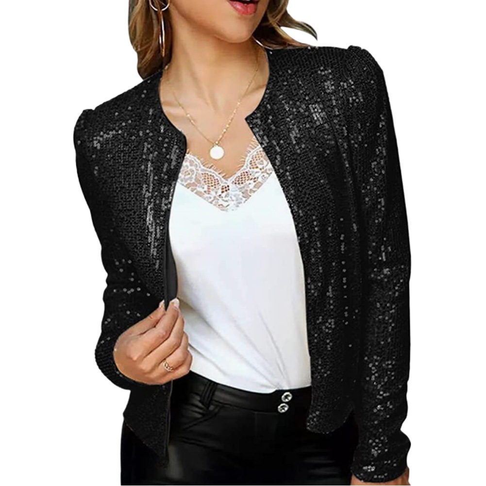 2023 Cross-border Spring New European and American Women's Fashion Round Neck Solid Color Sequin Jacket Short Casual All-match Small Jacket