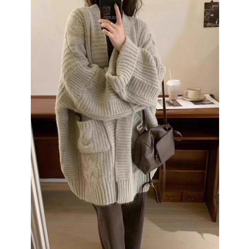 Korean-style Sweater Lazy-style 2024 Loose Knitted Sweater Cardigan Women's Coat Mid-length Autumn and Winter Outer Wear
