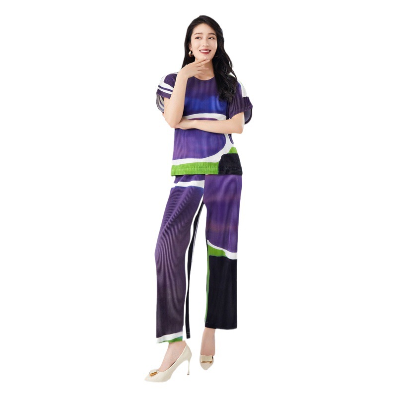 Miyake suit Summer Women's Two-piece Crewneck Loose Short-sleeved T-shirt Printed Fashion High-end Casual Straight Pants