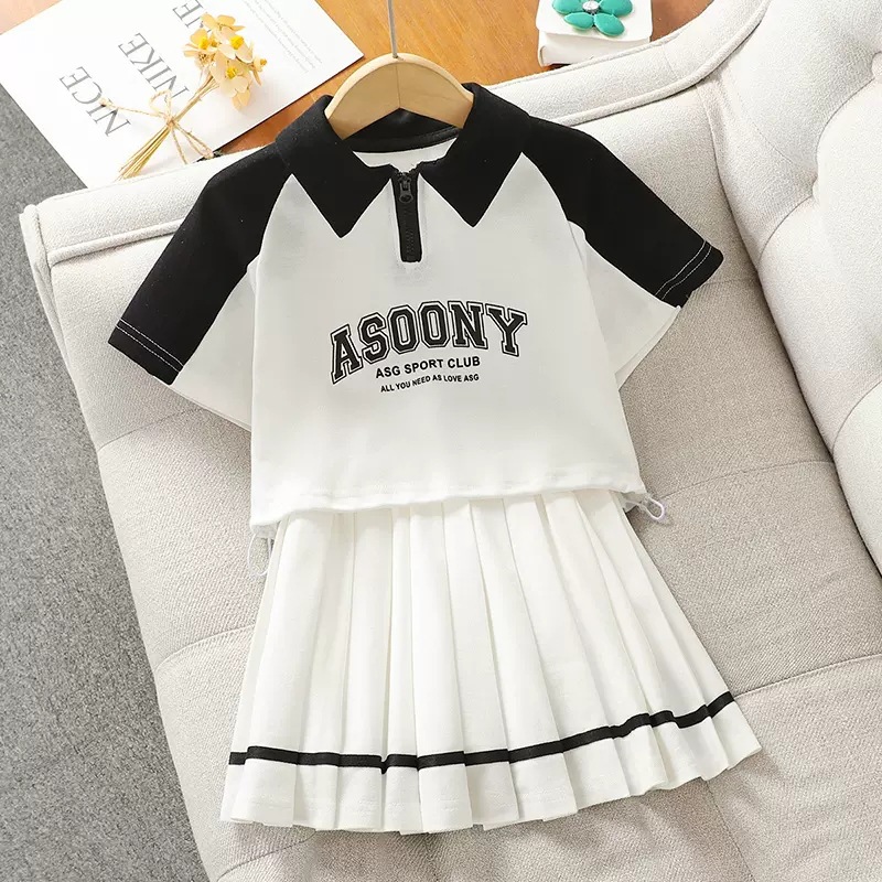 Girls Summer suit Dress Stylish Fashionable Summer Children suit Girls College Style Short Sleeve Pleated Skirt suit