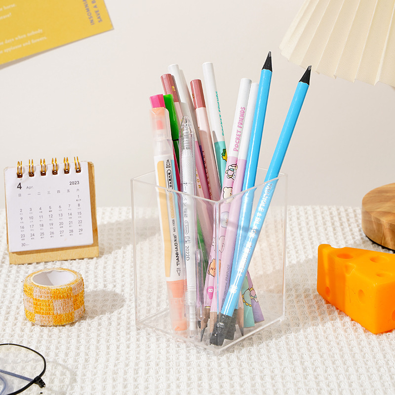 Picture of Transparent pen container plastic acrylic square stationery storage tube pen supplies wholesale student culture business creativity