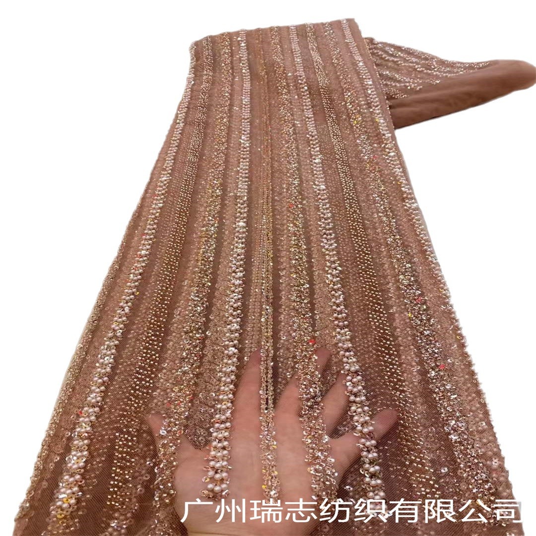 Picture of Bubble Stripe Crystal Sequins Beaded Tube Embroidered Mesh Fabric French Wedding Dress Xinjiang Hair Hat Dress Embroidered Cloth
