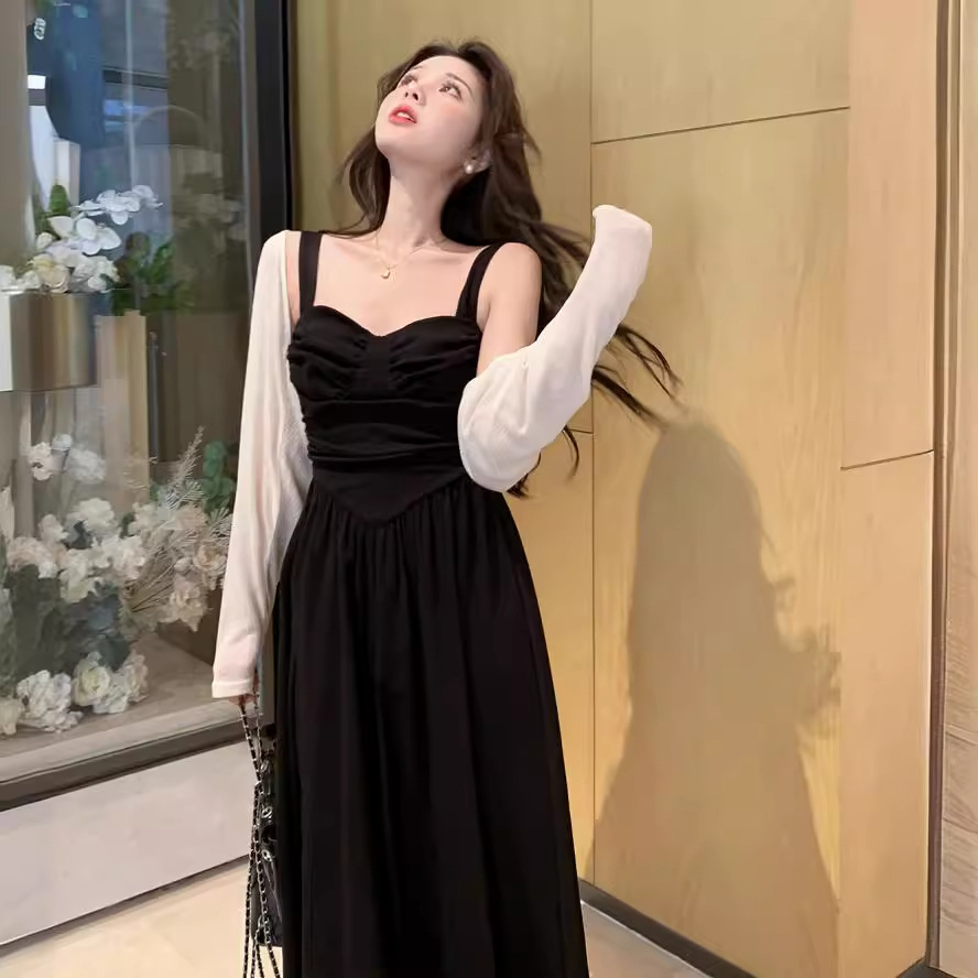 Plus size women's clothing chubby girl Hepburn style elegant black dress high waist slimming two-piece set
