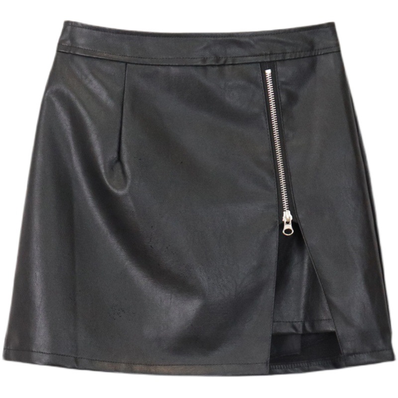 PU skirt spring and summer new Korean style high waist slimming A- line skirt women's PU leather skirt zipper A- line hip fashion skirt