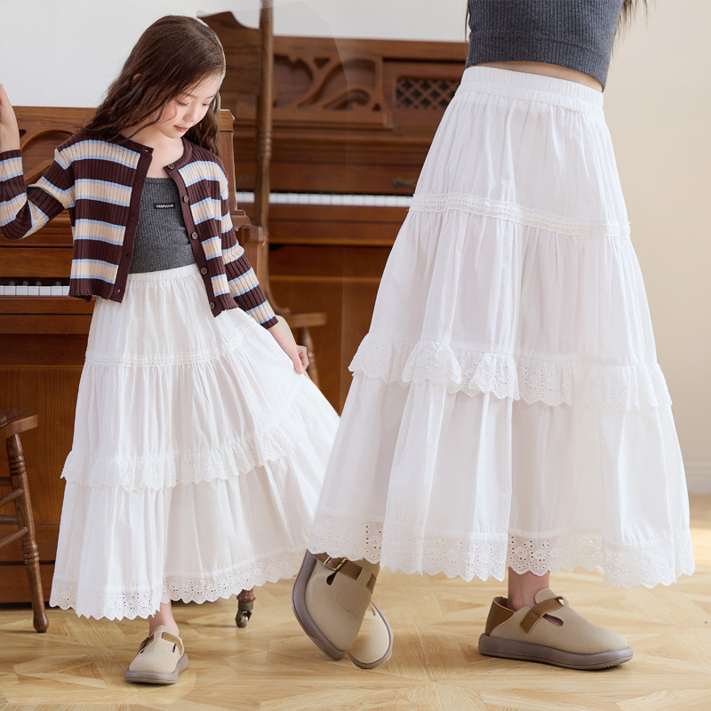Children's Skirt 2025 Spring and Autumn White Long Skirt Girl's Long High Waist Cake Skirt Japanese Lace Skirt