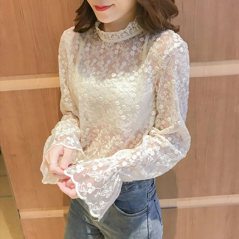 Picture of Velvet/Non-Velvet Lace Shirt for Women in Autumn and Winter New Mesh with Lace Collar Super Fairy Bottoming Top