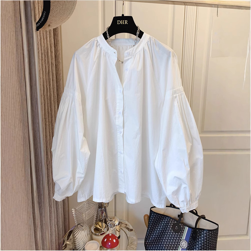 South Korea Chic Spring and Autumn New Retro Lantern Sleeve Collar Pleated Shirt Casual Loose Design Sense Lazy Shirt