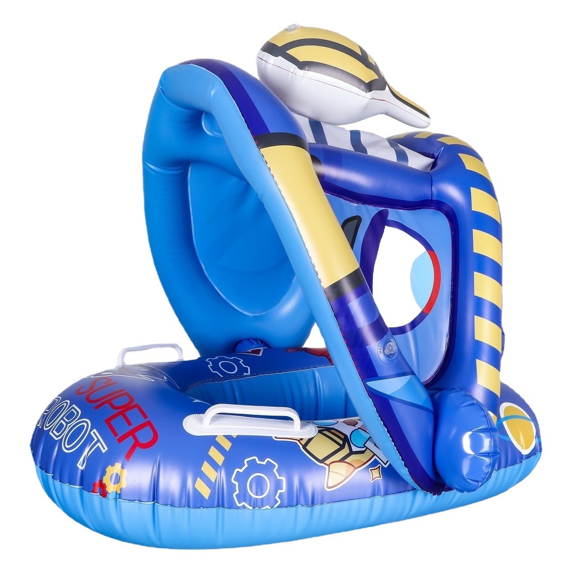 Baby swimming boat with armrest baby swimming ring children inflatable seat ring cartoon awning seat ring manufacturers wholesale