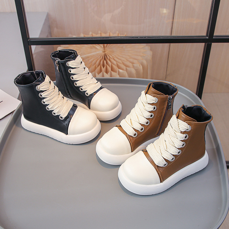 Korean Style Girls' Leather sneaker 2024 Spring and Autumn New Casual High-top Board Shoes Boys' Front Lace-up Martin Boots Trendy