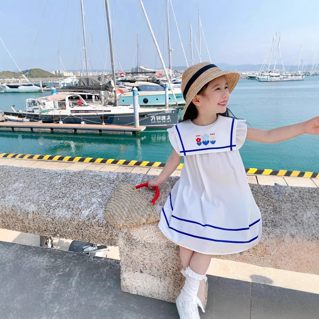 Girls dress summer new academic embroidery flower large lapel princess skirt children a generation of hair