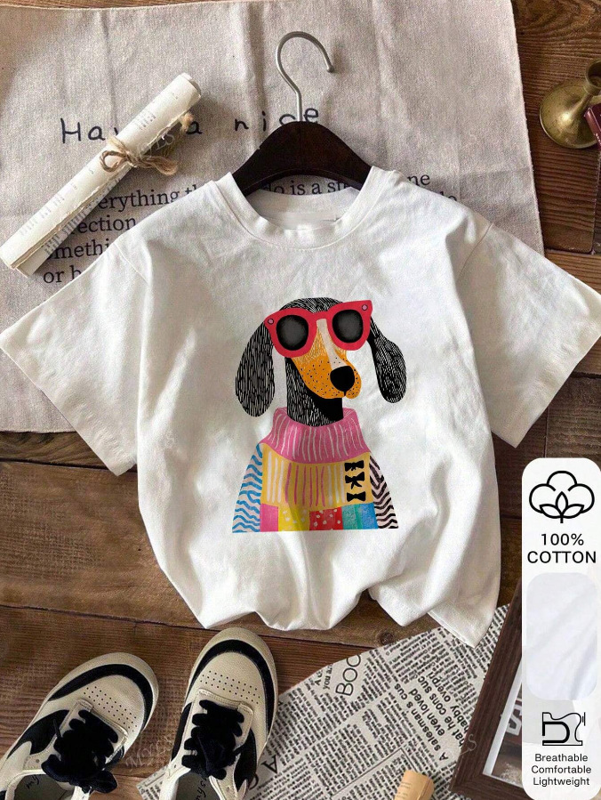 Artistic Puppy Print Ins Style Summer Women's Trendy Pure Cotton Short-Sleeve T-Shirt Wish Shopee Cross-Border Exclusive