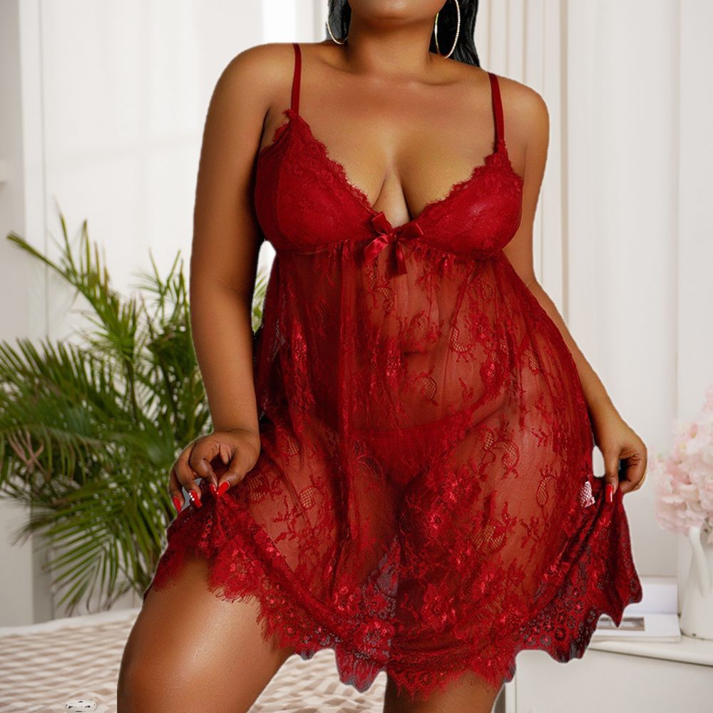Lace Backless Perspective Sexy Temptation Dress Cross-border European and American Sexy Underwear Large Size Fat Girl Home Clothes Pajamas