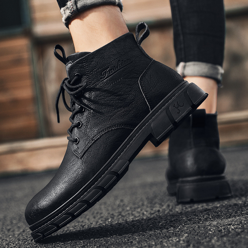 Martin Boots Men's Autumn 2024 New Men's British Style High-top Casual Pure Black Mid-top Height Increasing Workwear Men's Shoes