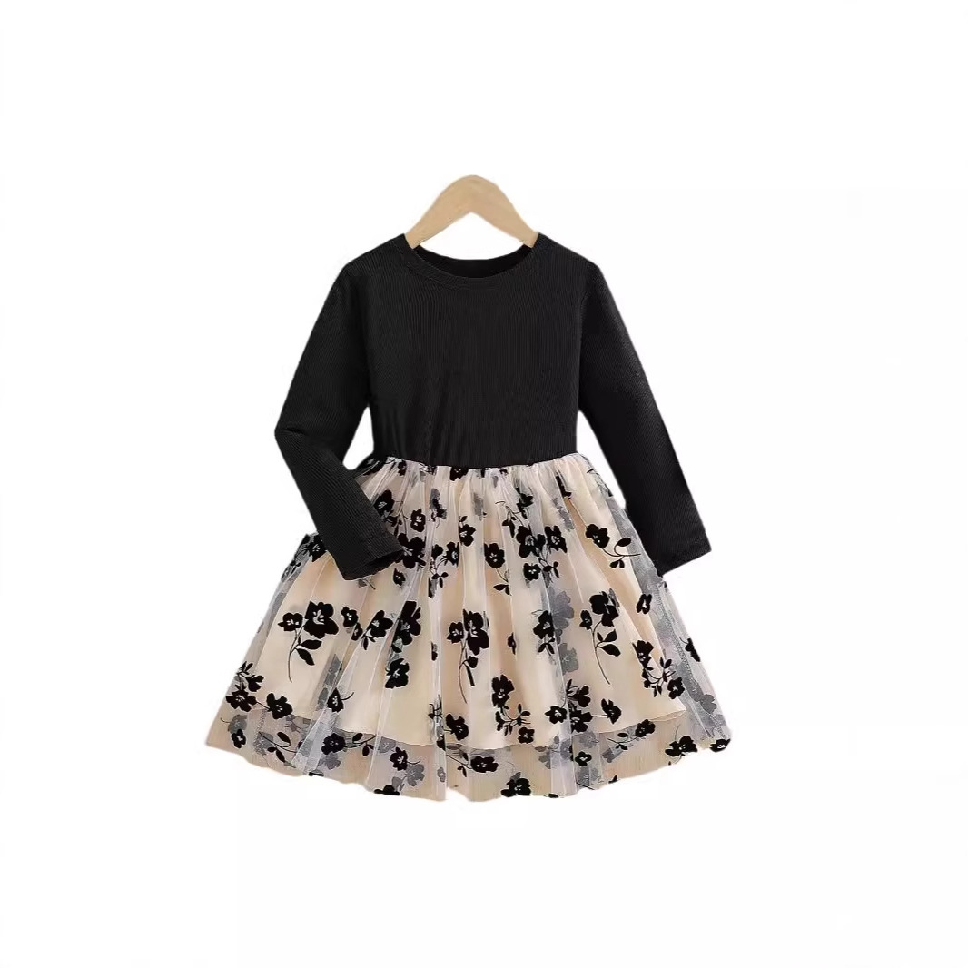 Picture of 2024 Spring and Autumn Foreign Trade Explosions Girls Solid Color Pit Strip Long Sleeve Crewneck Black Rose Mesh Princess dress