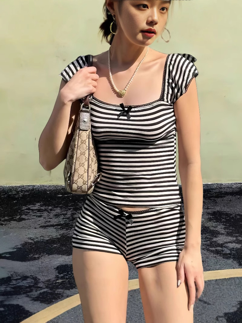 Fashion Simple Stripe Printing Stitching Bow Square Collar T-shirt Short Two-piece Spice Girl Casual Sports suit