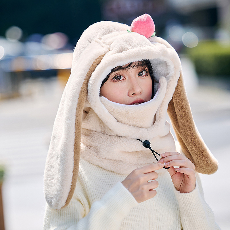 Picture of Winter Warm Peach Rabbit Mask Hat and Scarf Integrated Xiaomei Same Style Outdoor Skiing and Cycling Helmet Hat Cute