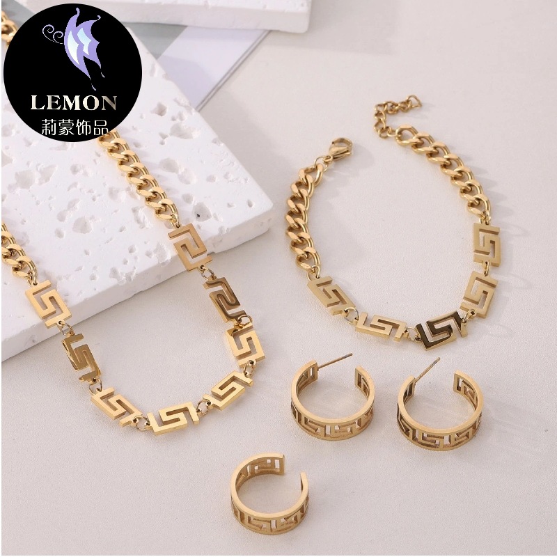 Factory Ready-Made Spiral Pattern Great Wall Pattern Stainless Steel Necklace Bracelet Earrings Ring Set Jewelry Clavicle Necklace