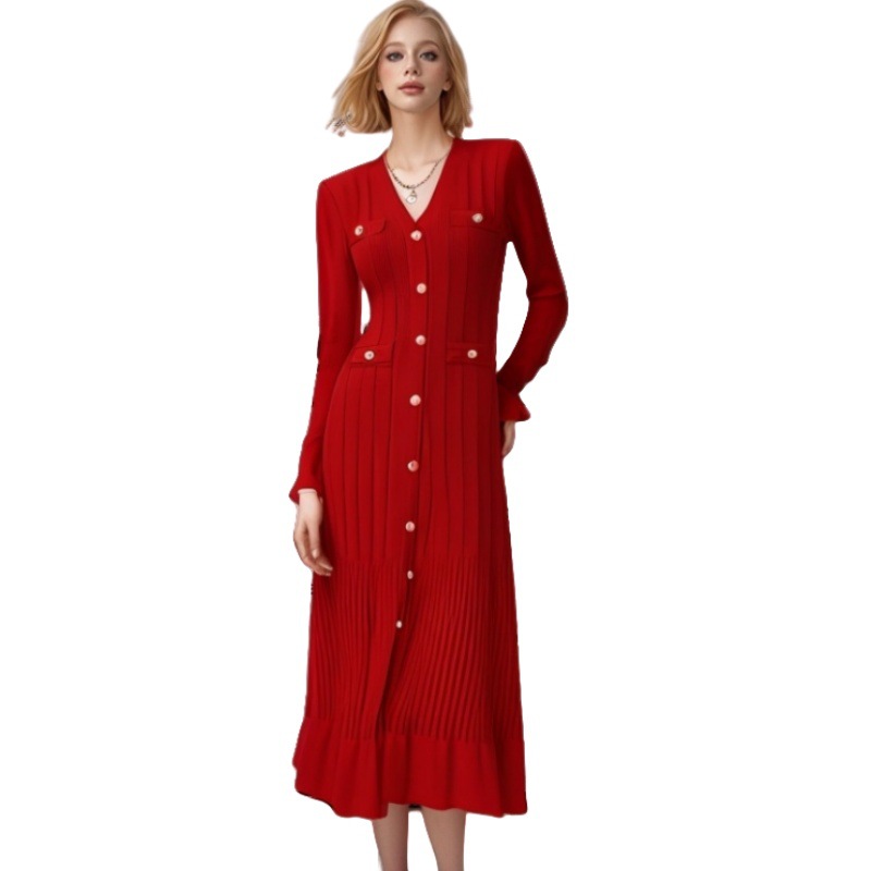 In-Stock European and American Women's Fashion Cross-Border E-Commerce V-Neck Knitted Long Dress High-Quality Popular Style with Large Hem