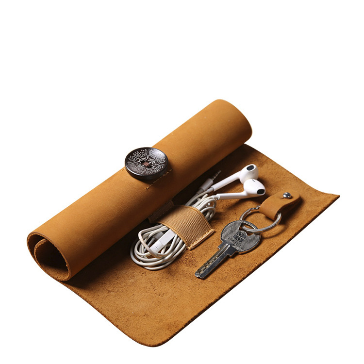 Spot retail headset storage bag PU leather treasure map scroll creative pen case data cable digital roll bag