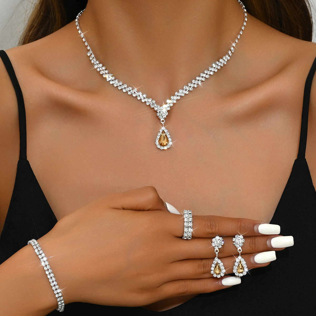 Fashion European and American Bride suit Wedding Jewelry Necklace Earrings Bracelet Ring Round Simple suit Dress Accessories