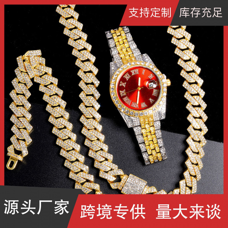Factory Direct Sales Fashion Roman Numeral Pointer Quartz Style Alloy Diamond Style Fashion Cross-Border 3Pcs/Set