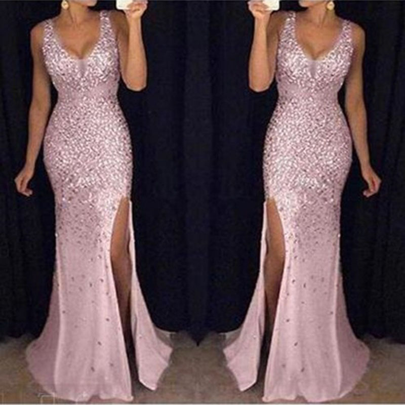 Picture of 2025 Amazon Spring New European and American Foreign Trade Women's Slit Gold Dress Long Skirt Evening Dress