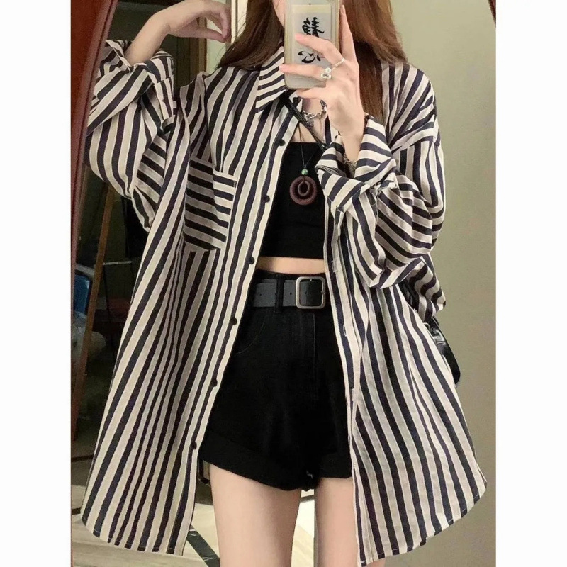 2024 Summer New Mori Retro Black Striped Shirt Women's Casual Lazy Style Mid-length Shirt Trendy