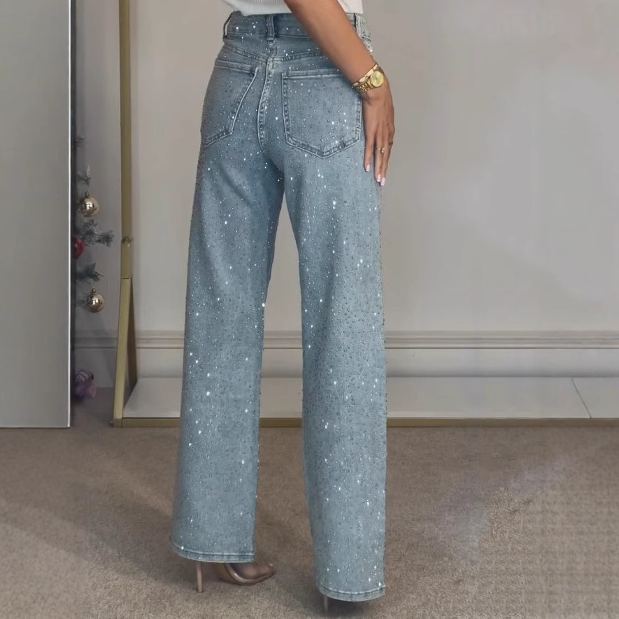 Picture of Foreign Trade European and American Amazon Women's Full Diamond Washed Jeans Women's High-End High-Waisted Straight Pants Sexy Pants