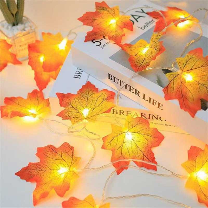 Picture of Autumn send cool maple leaf pumpkin atmosphere lamp room decoration outdoor fence hanging lamp LED lamp string