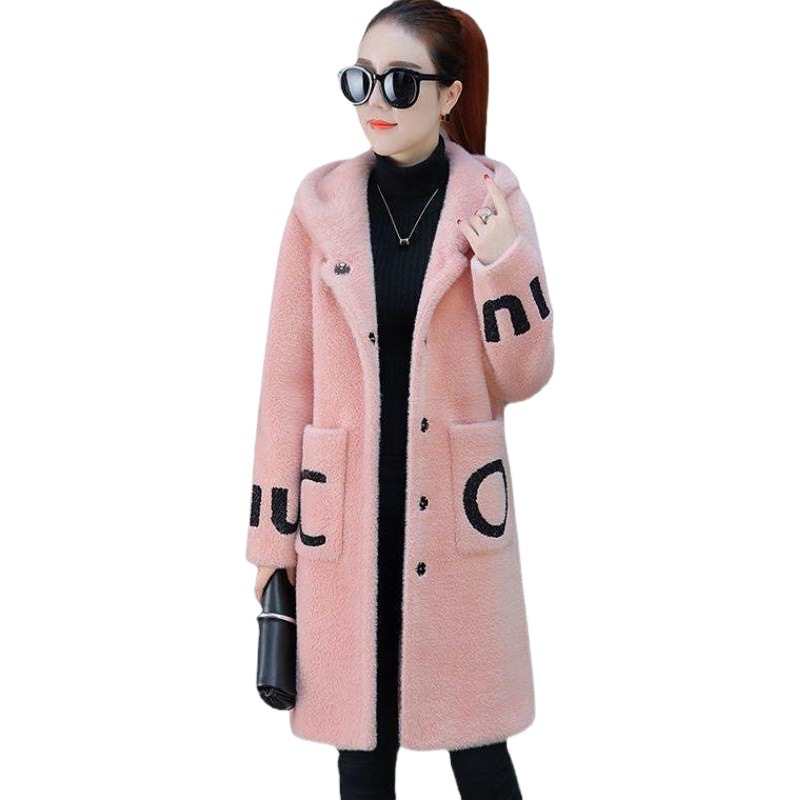 Hooded cashmere coat Women's Mid-length autumn and winter Korean style loose small furry coat thickened slimming