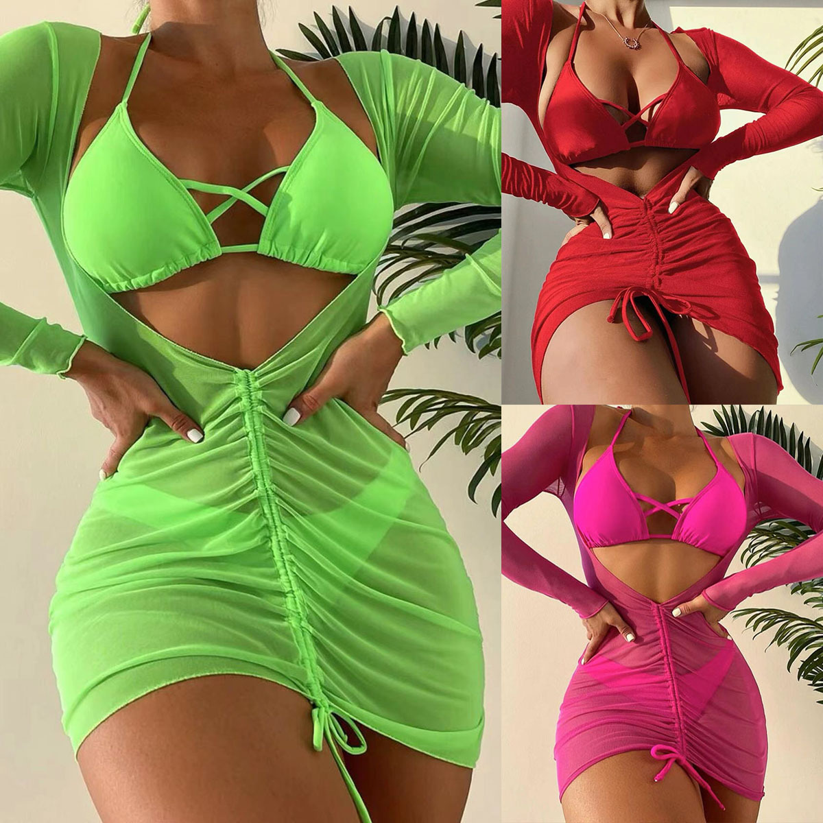 2023 New Sexy Mesh Bikini Three Piece European and American Cross-Border Swimwear Foreign Trade Wholesale
