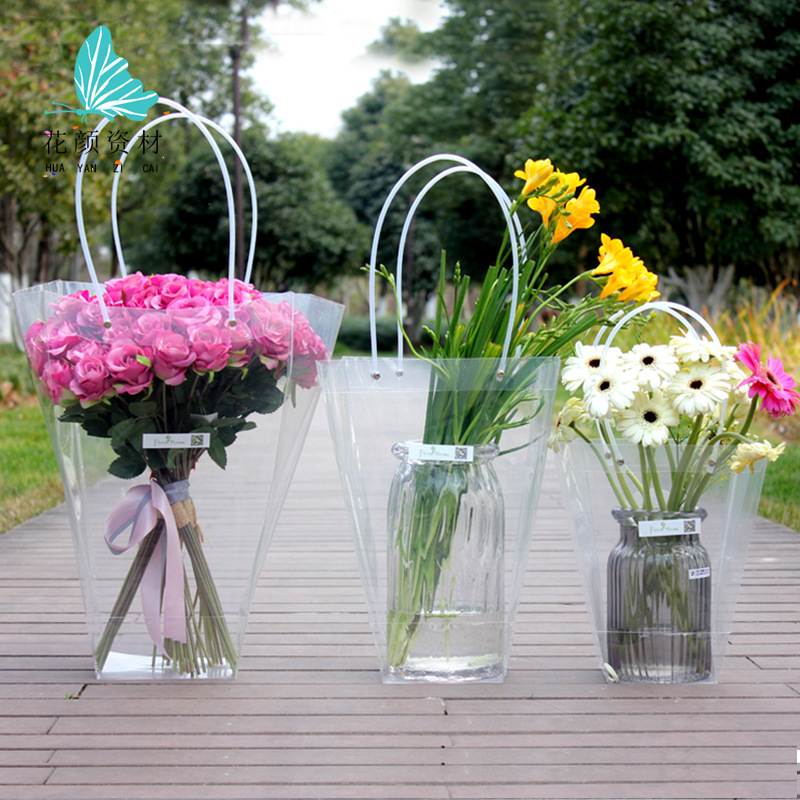 Wholesale Packaging Materials Pvc Trapezoidal Tote Bag Gift Bouquet Bag Floral Transparent Square T-Shaped Bag Gift