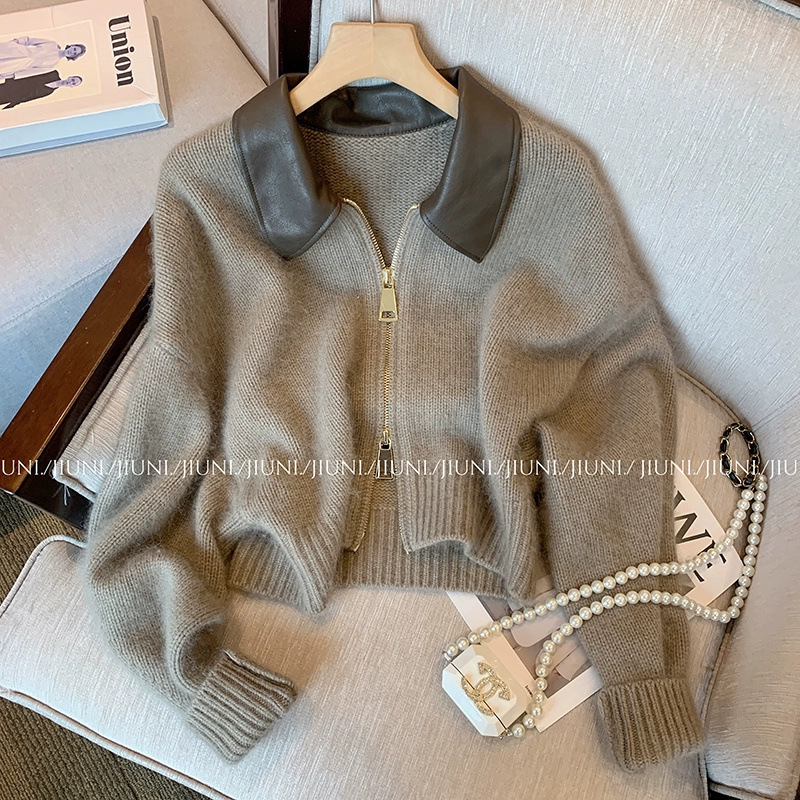 2025 Autumn and Winter New Soft Waxy Chic Design Stitching Leather Collar Double Zipper Knitted Sweater Women's Retro Top