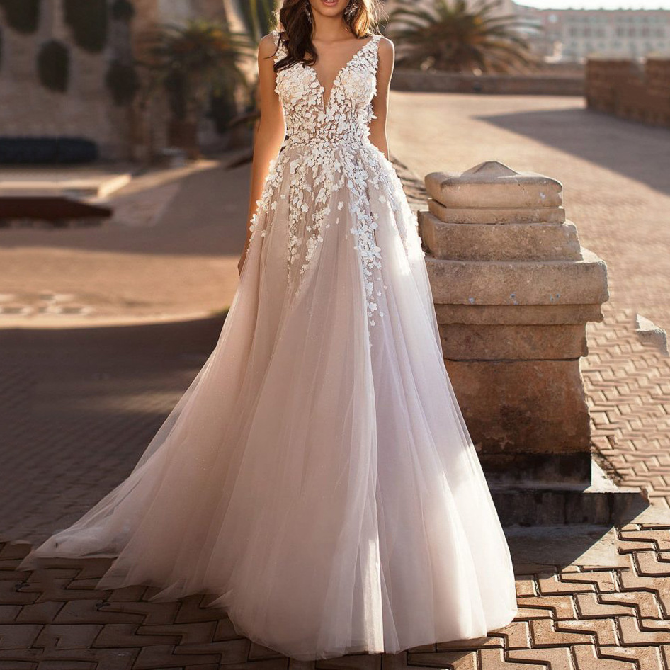 Picture of 2025 Cross-Border Summer New European and American Clothing Sexy Lace Dress Sleeveless Deep V Neck Wedding Dress Embroidered Long Skirt