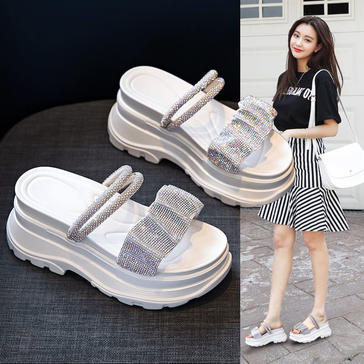 Summer Outdoor Wear Ultra-Light Fashion Rhinestone Dual-Wear Sandals Internet Celebrity Thick-Soled Platform Trendy Women's Shoes 7.5cm Round Toe