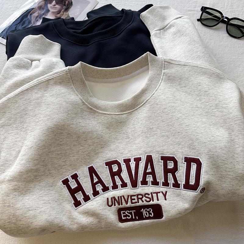 American Style Retro Letter Embroidered Crewneck fleece-lined Sweatshirt Women's Winter New Loose Lazy Style Age-reducing Pullover Jacket